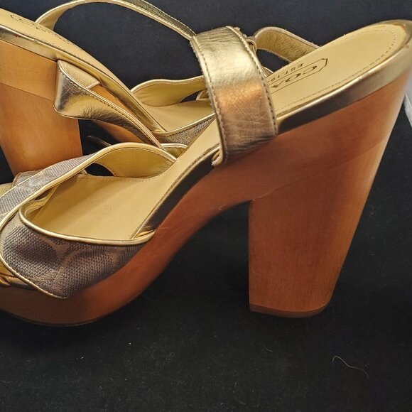 Coach Carlyn Gold and Wooden Heels w/Ankle Strap SZ 5 - Picture 2 of 7